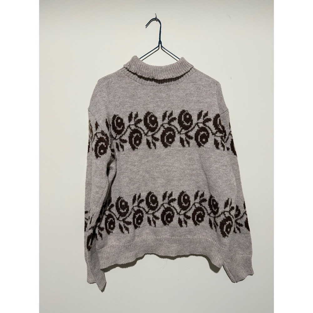 Floral Rose Knit Sweater Mock Neck Long Sleeve Oatmeal Brown Size Medium